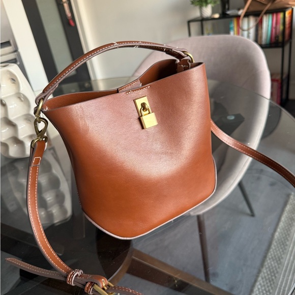 Mango Handbags - Mango Brown Leather Bucket Shoulder Bag with Gold Lock